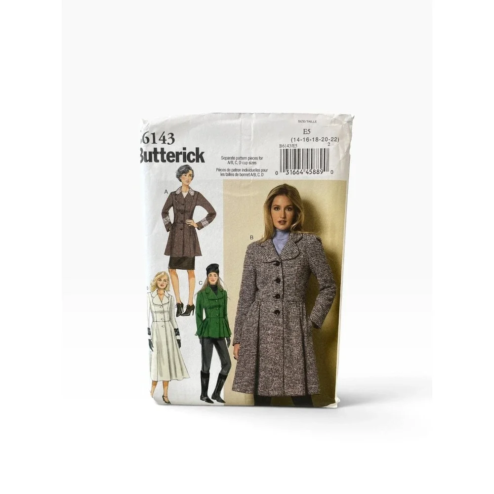Butterick 6143 Misses' Jacket Coat E5 (14-16-18-20-22) Tailored Uncut